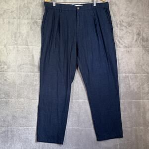 Old Navy Pants Men XL Blue Micro Plaid Linen Blend Loose Taper Pleats Drawstring